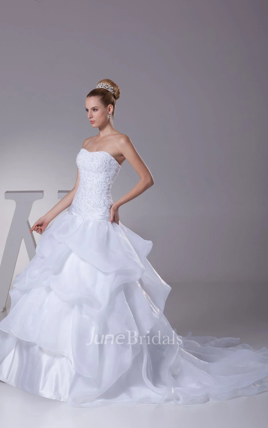 Strapless Appliqued A-Line Ball Gown With Pick-Up Design
