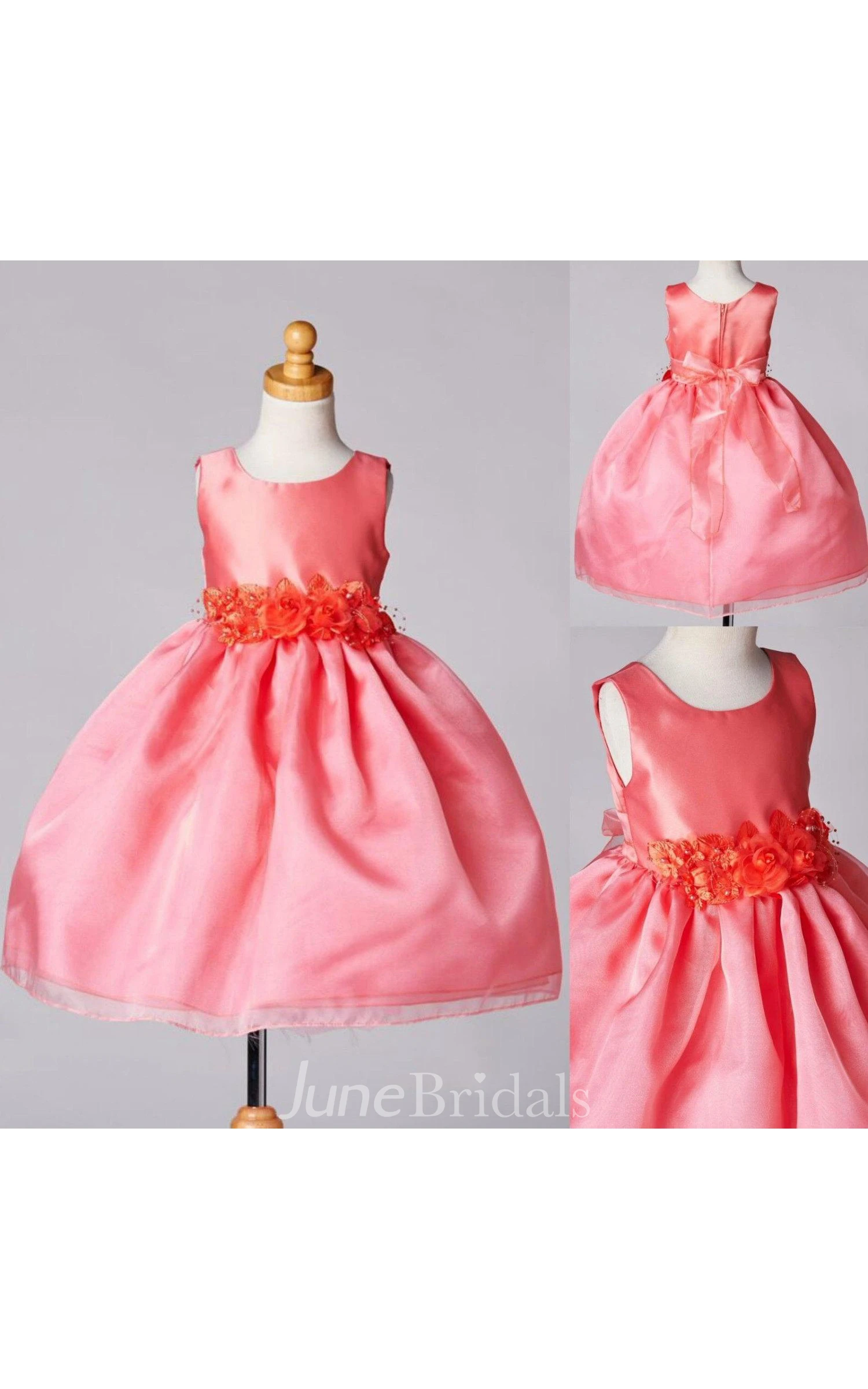Sleeveless Jewel Neck Pleated Organza Layered Skirt With Satin Sash and Bow