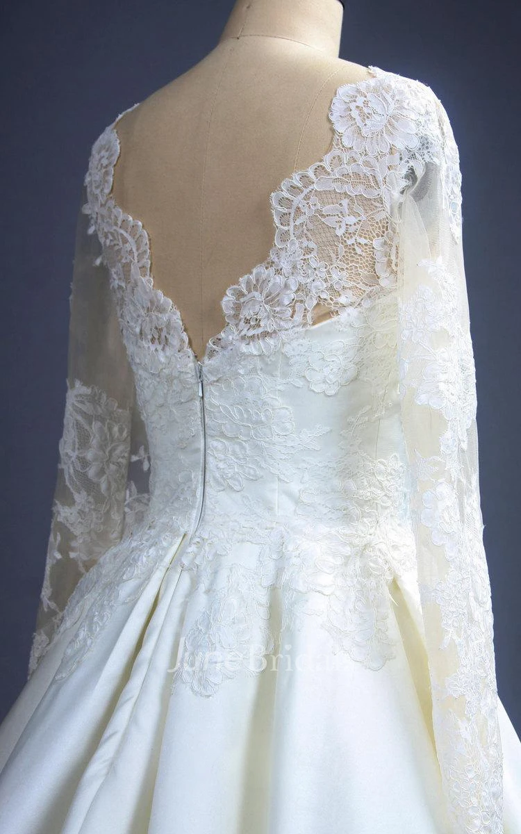 Dreamy Long A-Line Satin Wedding Dress With Lace Bodice