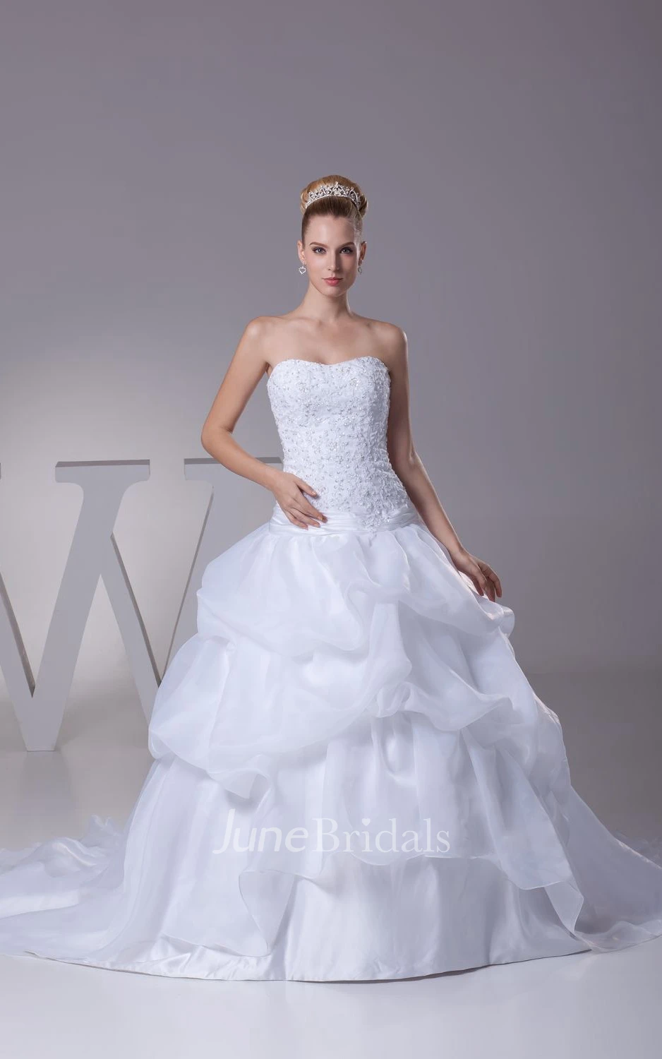 Strapless Appliqued A-Line Ball Gown With Pick-Up Design