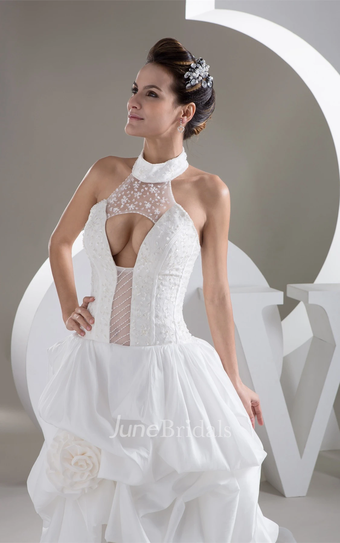 High-Neck Sleeveless Pick-Up High-Low Dress with Keyhole and Flower