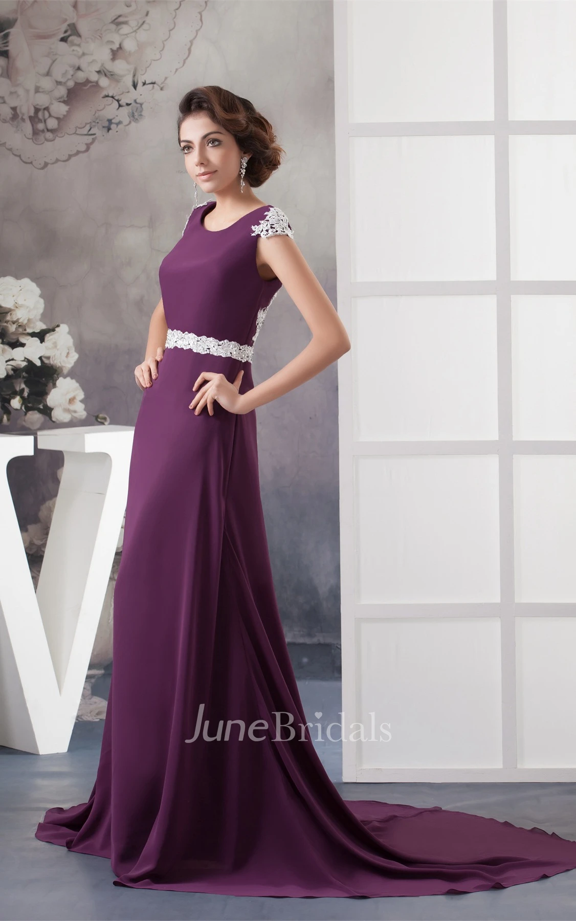 Caped-Sleeve Chiffon Long Dress with Appliqued Back Design
