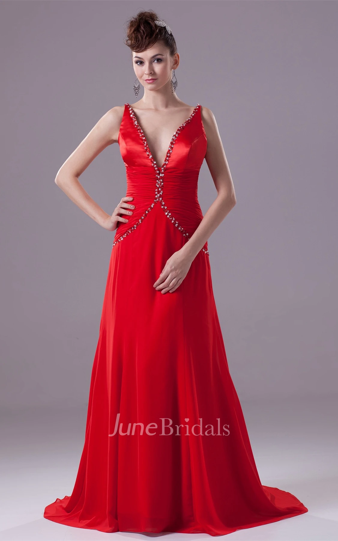 Deep-V-Neck Sleeveless Chiffon Maxi Dress with Beading and Ruching