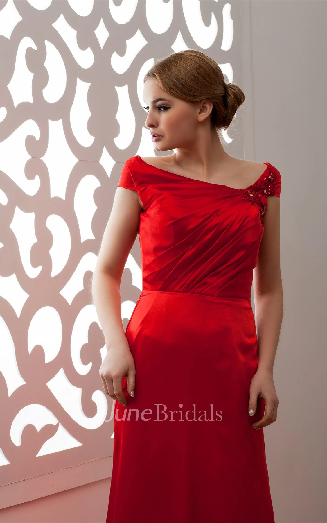 Flamboyant Caped-Sleeve Satin Dress with Ruching and Epaulet