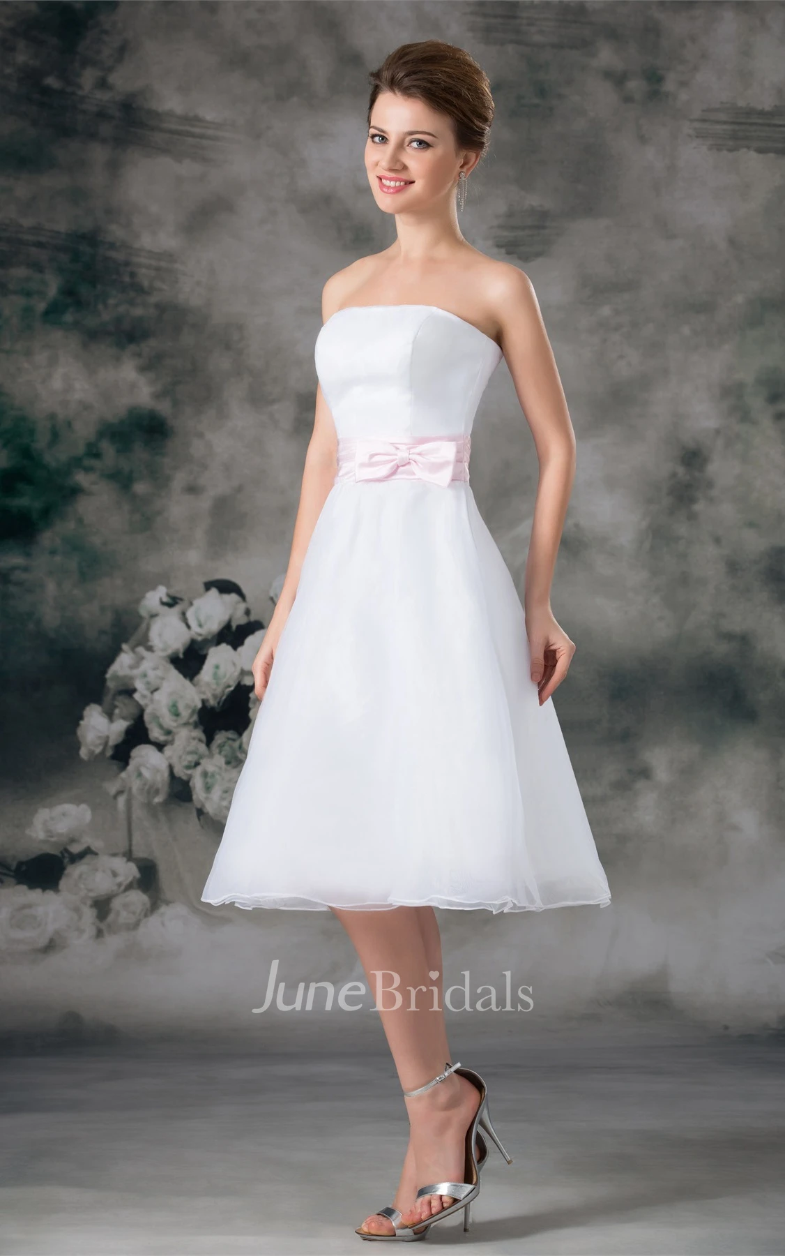 strapless tea-length a-line dress with zipper back and bow