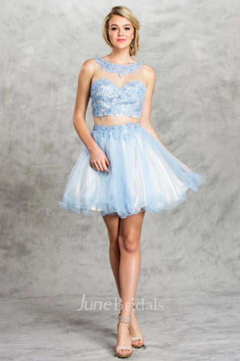 Two-Piece A-Line Short Scoop-Neck Sleeveless Tulle Illusion Dress With Appliques And Ruffles