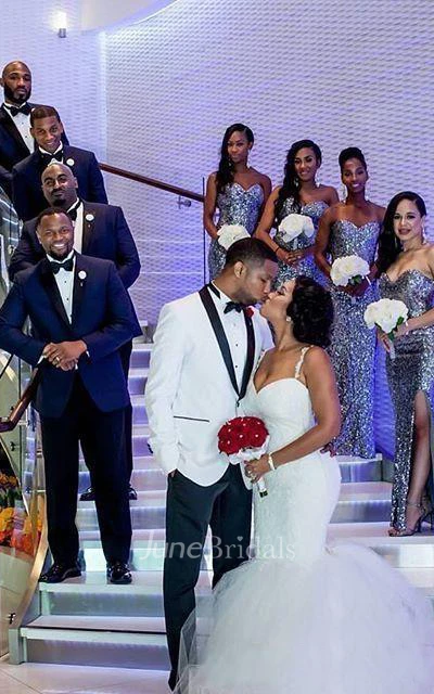 Mermaid Short Spaghetti Straps Sweetheart Sleeveless Bell Illusion Appliques Illusion Brush Train Backless Illusion Straps Keyhole Lace Dress