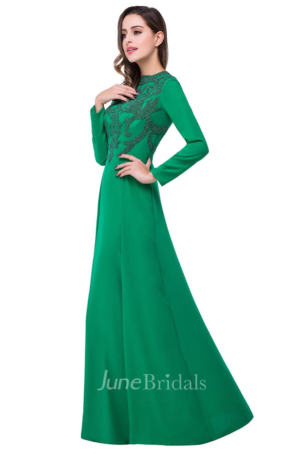 Elegant Green Long Sleeve Beadings Evening Dress Long Chiffon Party Gowns