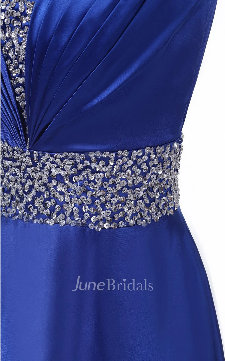 Sleeveless Pleated Satin Dress With Beading Belt and Trim
