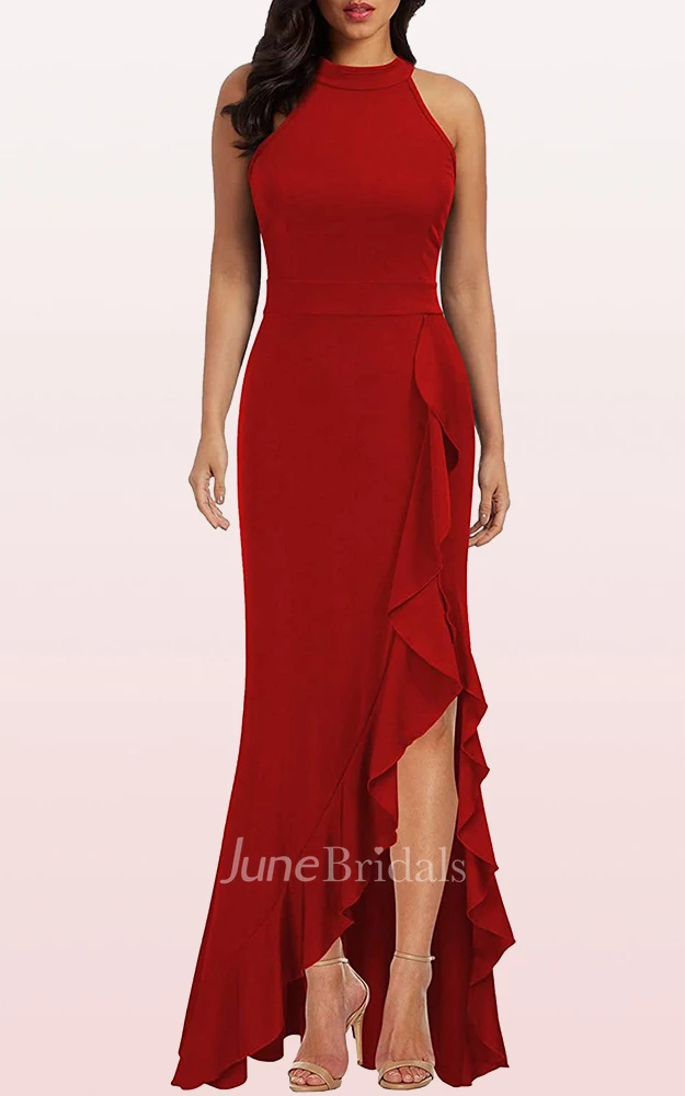 Sheath Halter Jersey Sleeveless Evening Dress With Ruffles and Split Front