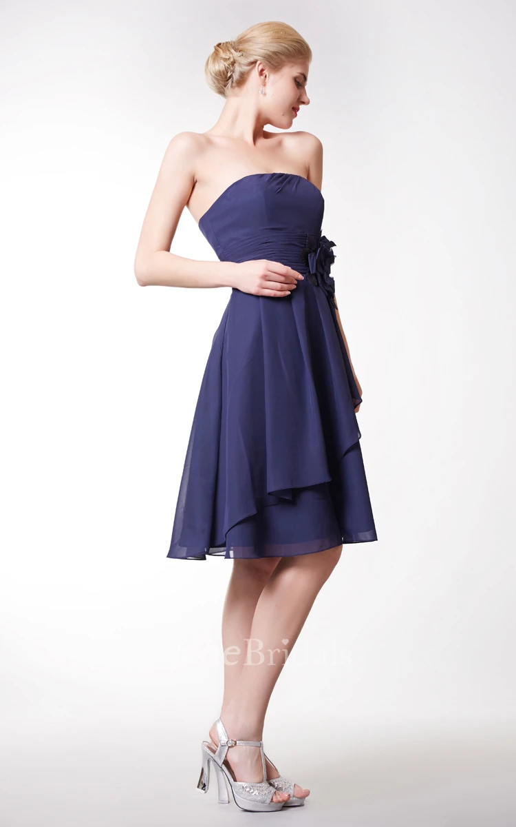 Cute Strapless Side Draped Knee Length Chiffon Dress With Flowers