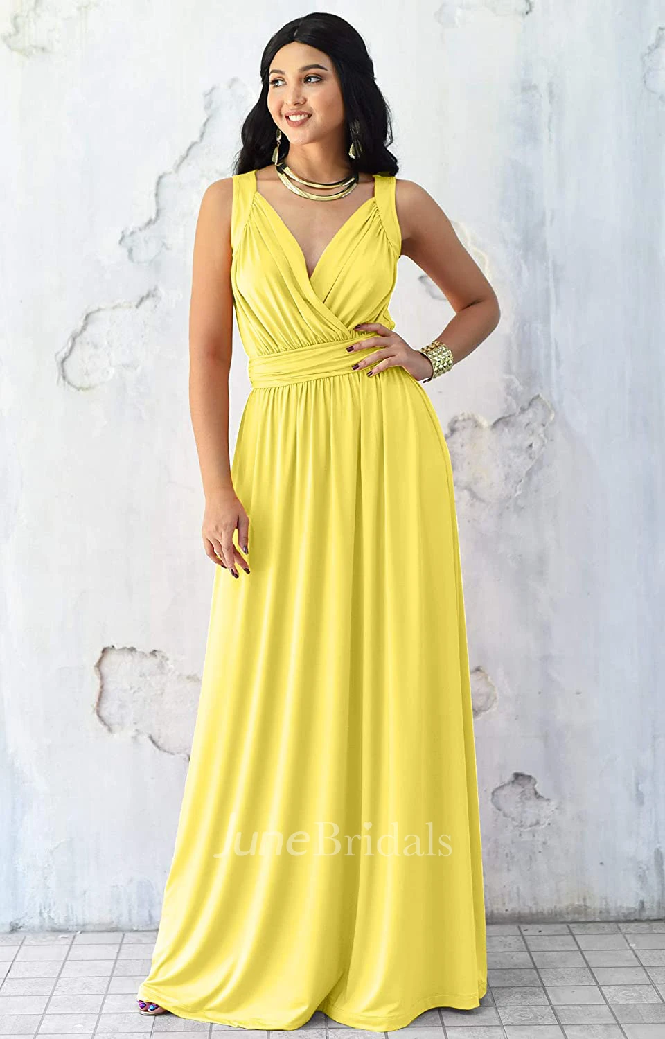 Sexy A Line V-neck Chiffon Sleeveless Long Bridesmaid Dress