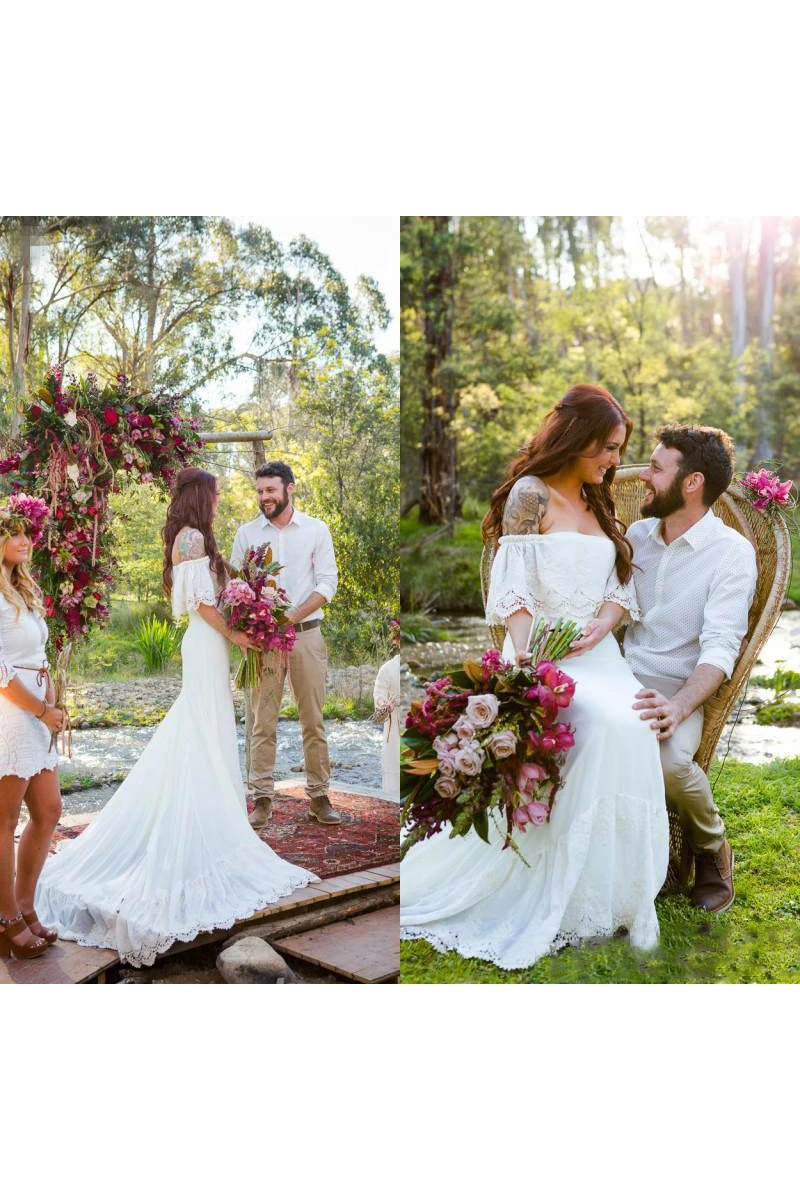 Short Sleeve Lace Boat Neck Appliques Court Train Bohemian Wedding Dress