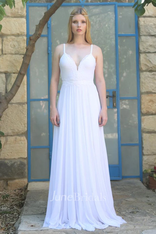 Spaghetti-Strap Chiffon Floor-Length Pleated Dress With Appliques