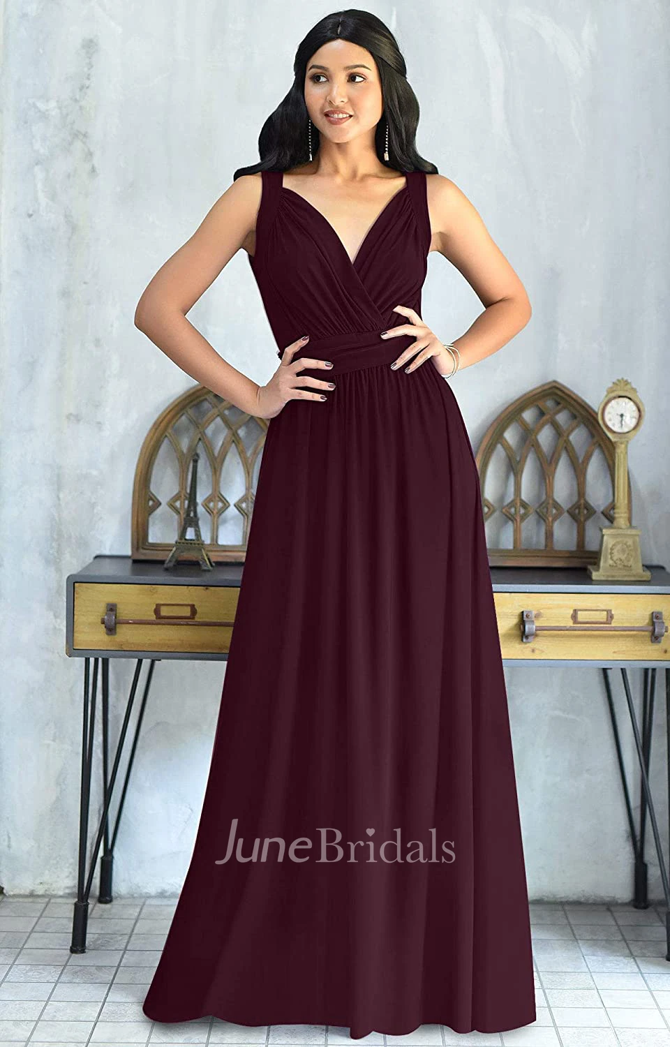 Sexy A Line V-neck Chiffon Sleeveless Long Bridesmaid Dress