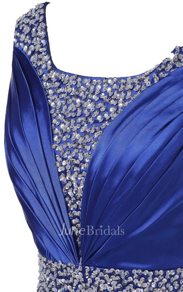 Sleeveless Pleated Satin Dress With Beading Belt and Trim