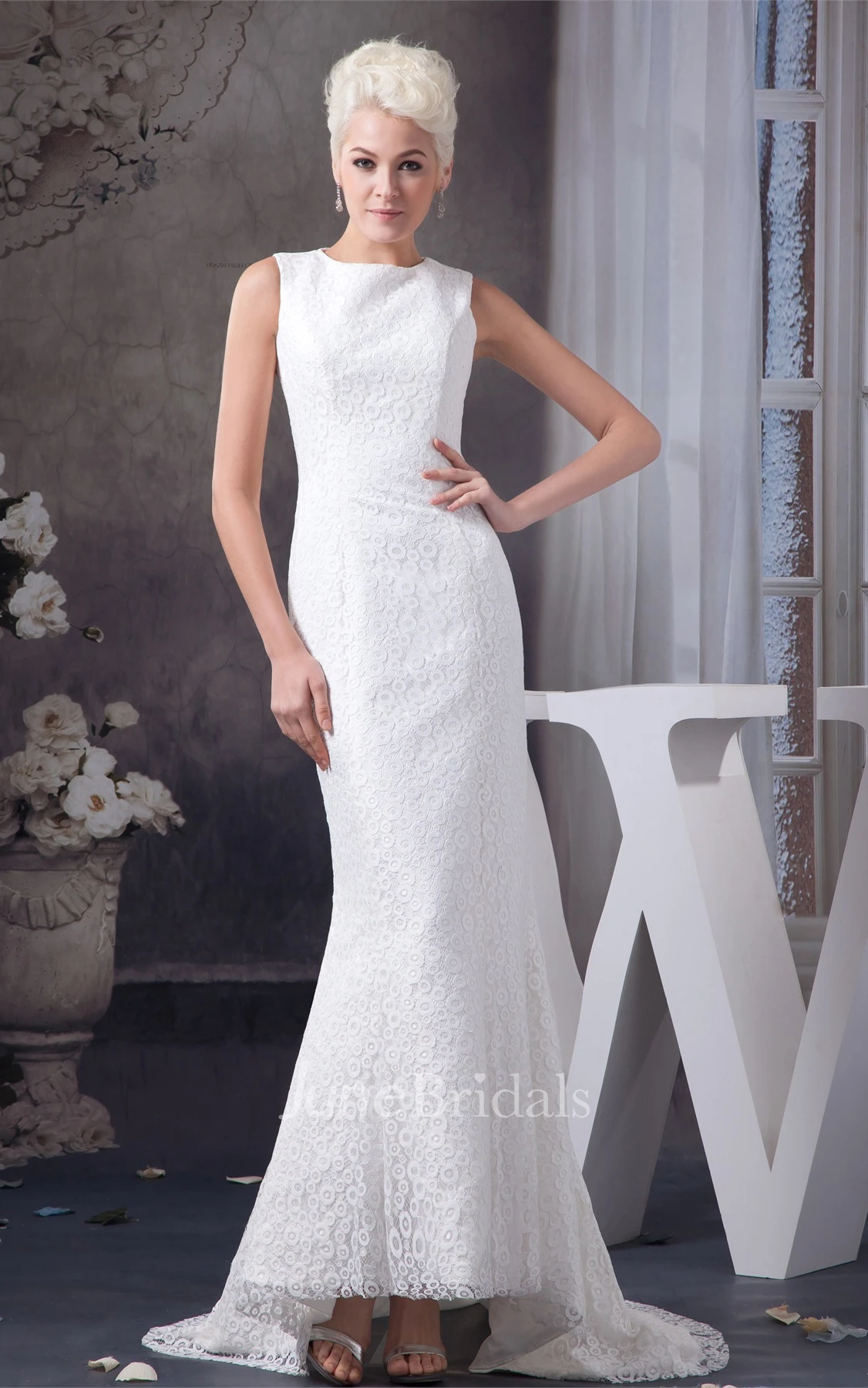 High-Neck Lace Sleeveless Dress with Brush Train