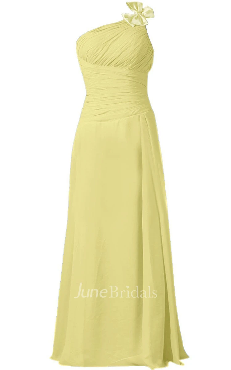One-shoulder Ruched Chiffon A-line Gown With Bow
