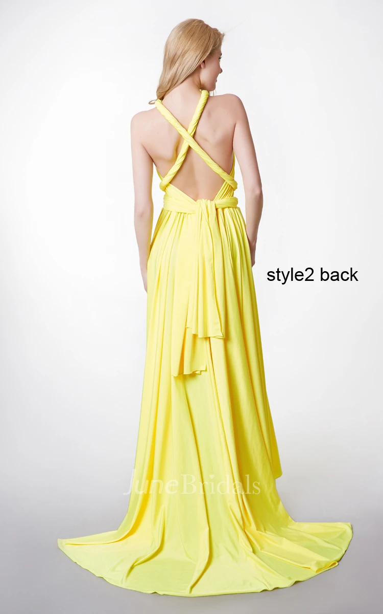 Changeable Ruched Sleeveless A-line Jersey Gown With Ruffles