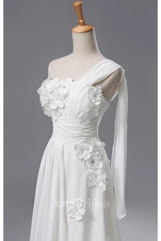 Newest One Shoulder Flowers Wedding Dress A-line Chiffon