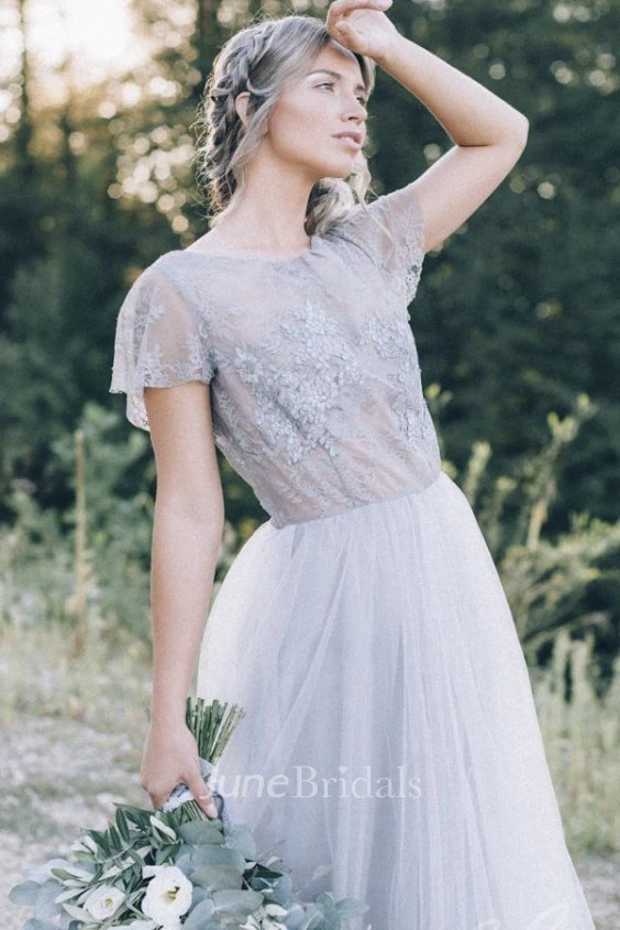 Simple Tulle Boho Open Back Wedding Dress With Lace Appliques