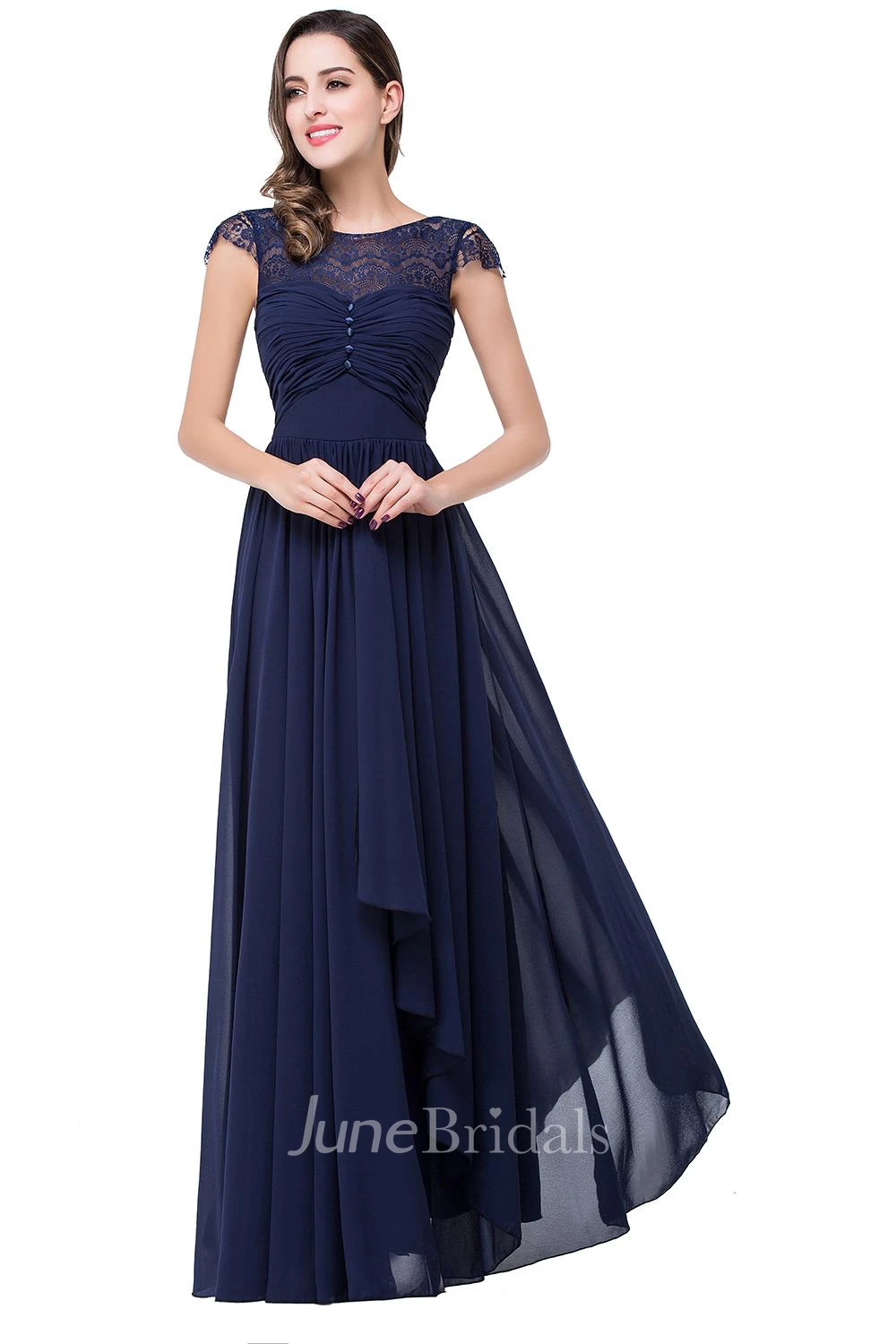 Elegant Chiffon Lace A-line Prom Dress Bowknot Cap Sleeve