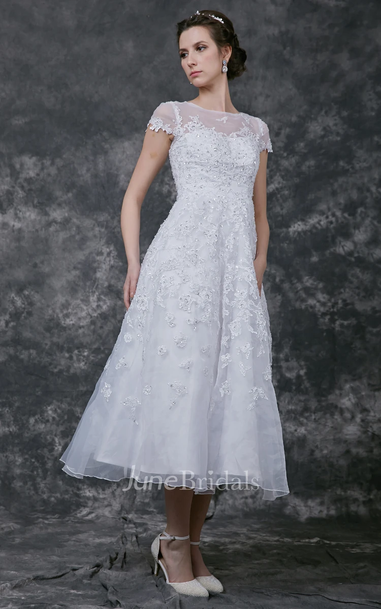Short Sleeve Tea-length lace Wedding Dress