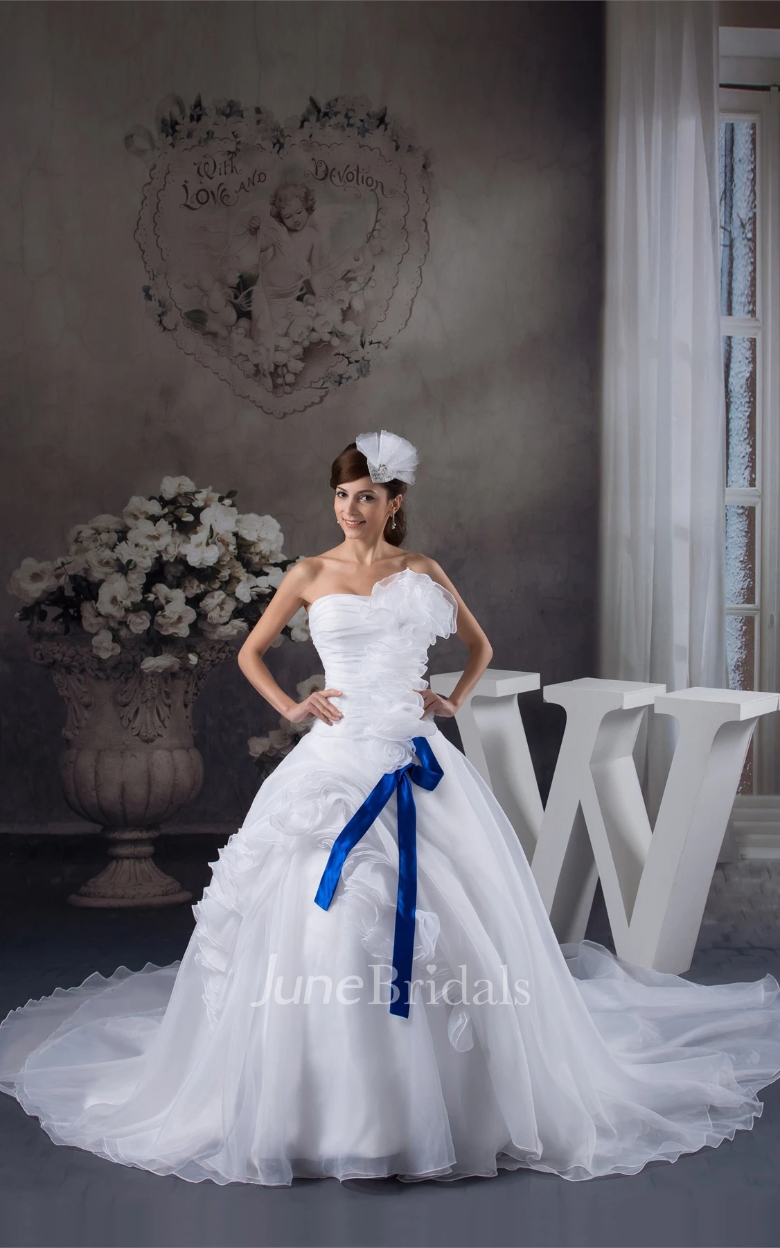 Strapless Ruched Pick-Up Gown with Flower and Ribbon