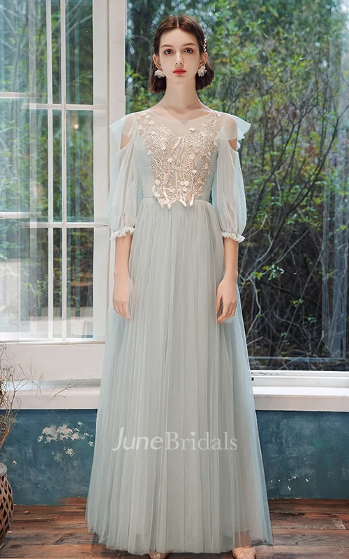 Bohemian Tulle Bateau Halter Off-the-shoulder A Line Evening Formal Dress With Appliques