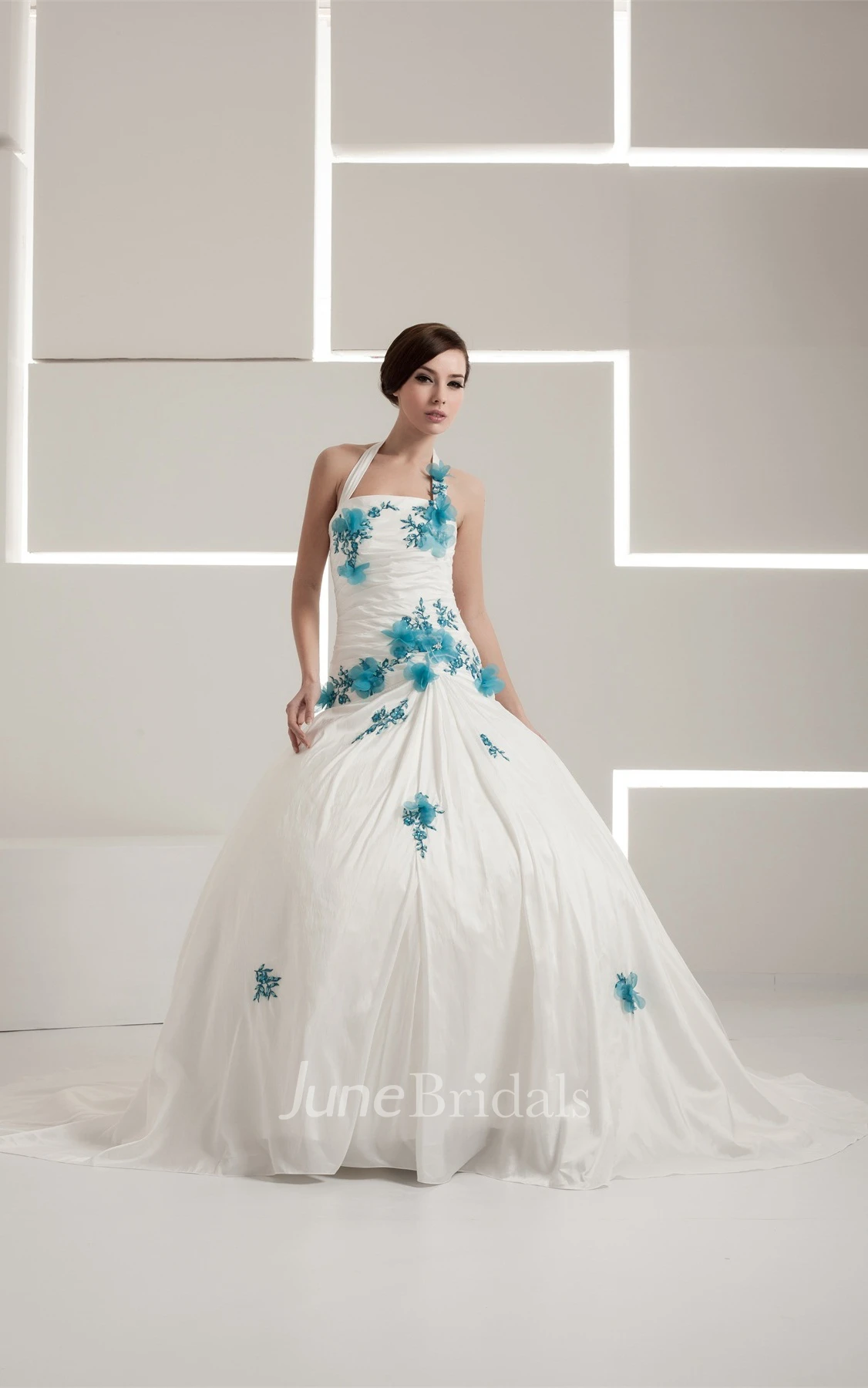 Haltered A-Line Appliqued Gown with Flower and Ruching
