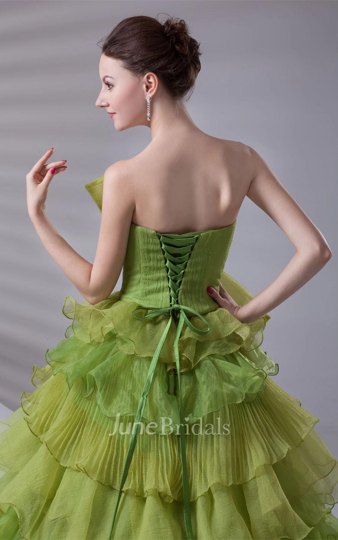 Strapless Tiered A-Line Ball Gown with Ruffles and Bow