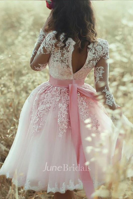 A-line V-neck Long Sleeve Pleats Sash Ribbon Knee-length Lace Homecoming Dress