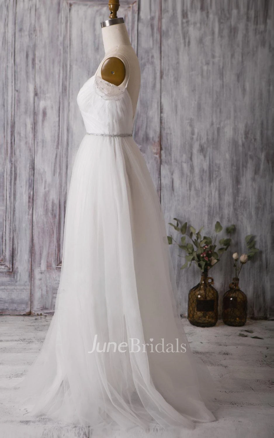 Spaghetti Strap Long A-Line Tulle Wedding Dress With Crisscross Ruching