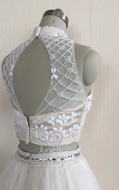 Two Piece High Neck Sleeveless Tulle Dress With Beading