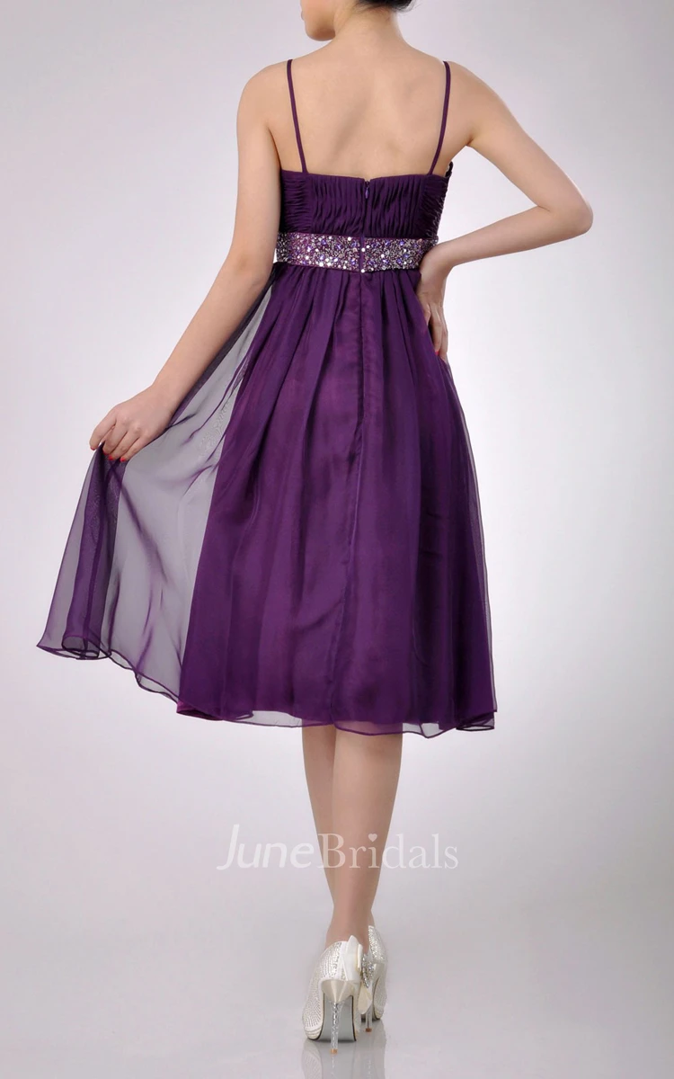 Spaghetti A-line Chiffon Knee-length Dress With Beaded Belt