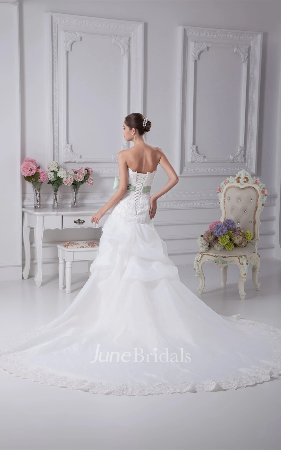 Strapless Appliqued A-Line Gown with Beading and Floral Bow