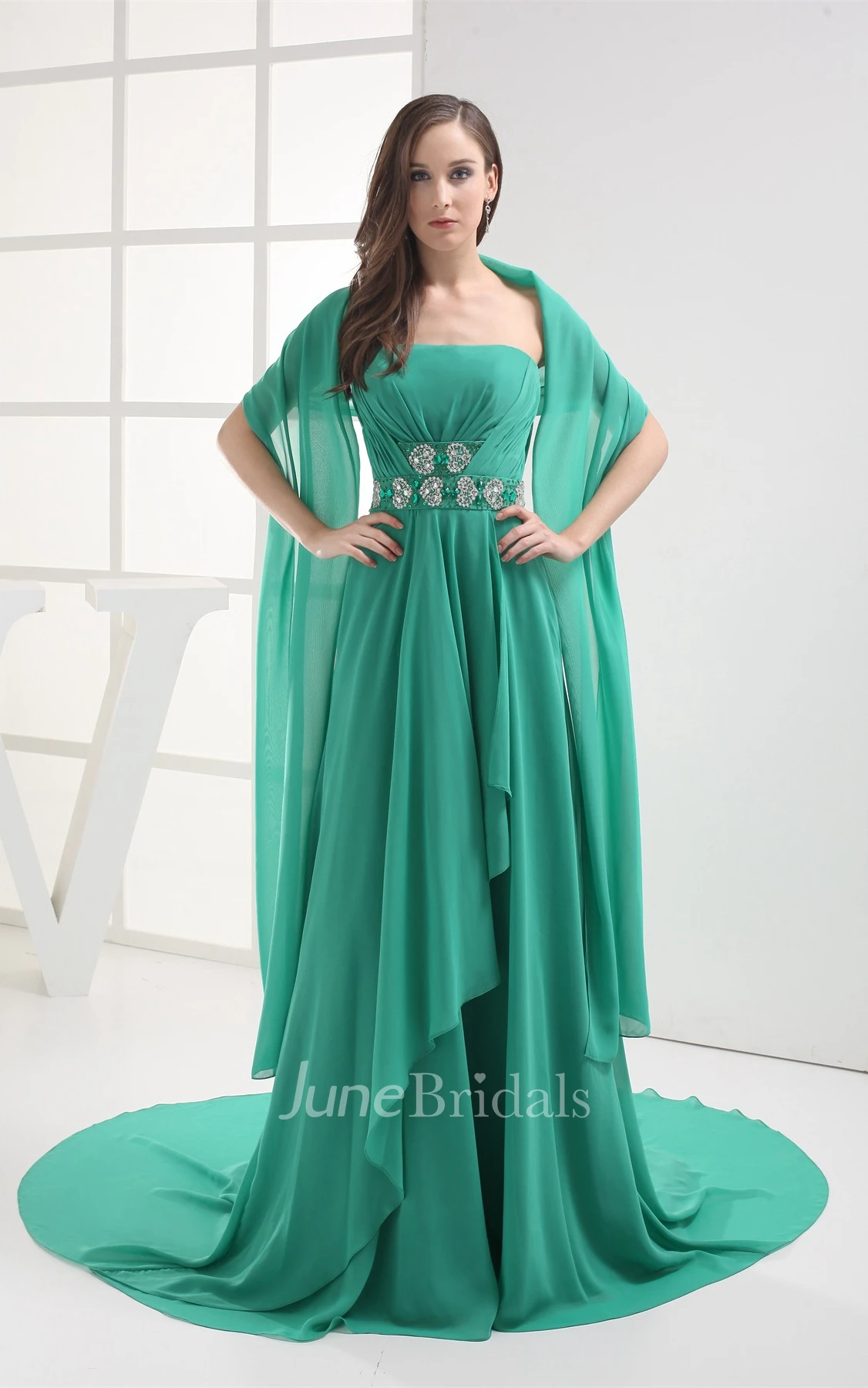 Side Draping Strapless Ruched Gown with Beaded Sash Detachable Cap Sleeve