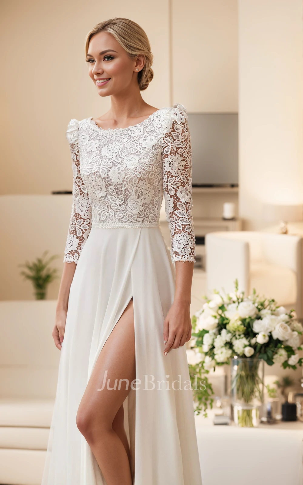 Romantic Vintage A-Line Boho Lace Split Front Warm Wedding Dress Sexy Floral Round Neck Teardrop Back Sheer Three-Quarter Sleeve Chiffon Bridal Gown