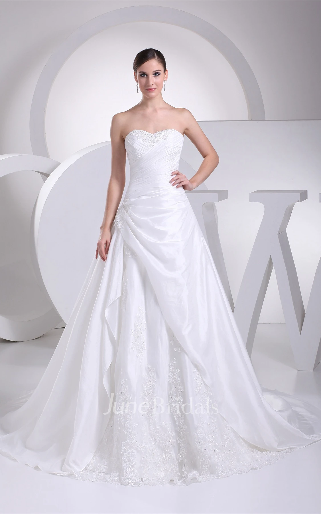 Sweetheart Beaded Criss-Cross A-Line Gown with Appliques and Side Ruching