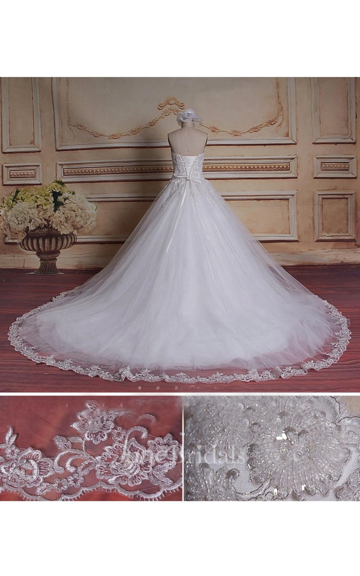 A-Line Ball Gown Sweetheart Chapel Train Tull Lace Dress With Beading