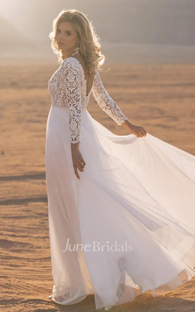 A-Line Bateau Chiffon Beach Warm Wedding Dress With Illusion Back And Illusion Sleeves