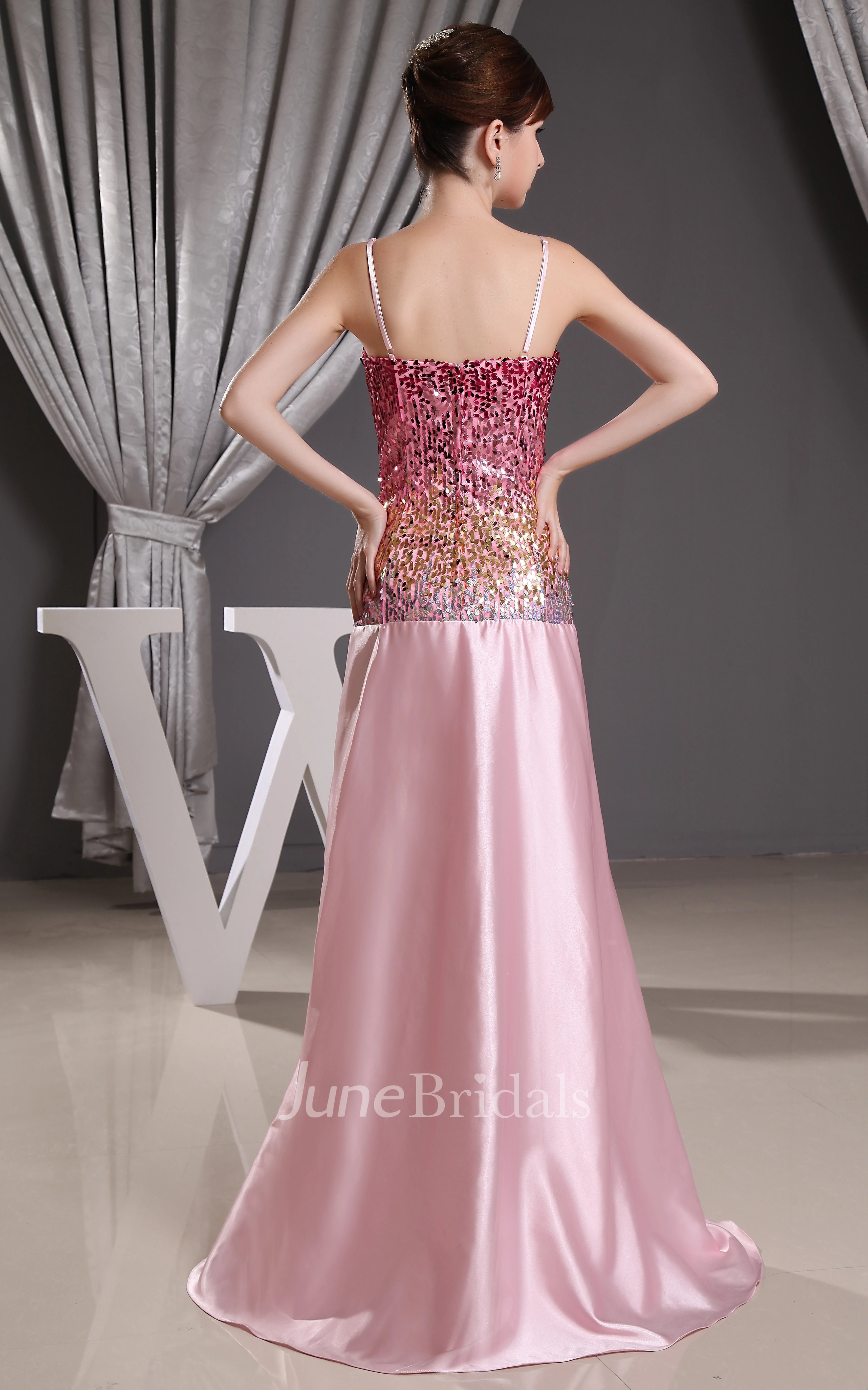 Satin Front-Split Sequined Dress With Spaghetti Straps