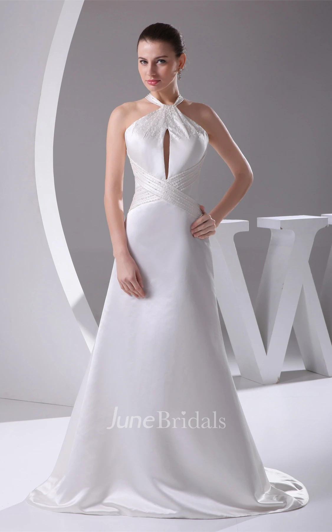 Sleeveless Satin A-Line Beaded Dress with Halter and Keyhole