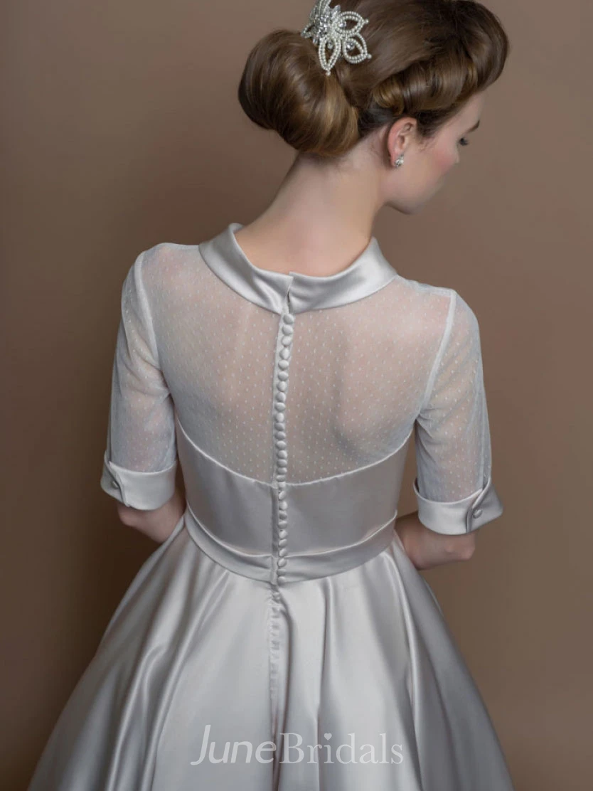 A-Line Tea-Length High Neck Sleeveless Satin Wedding Dress With Illusion