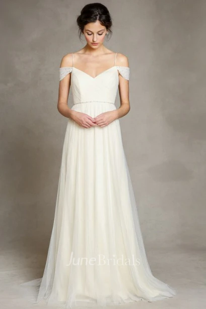 A-Line Jeweled Floor-Length Spaghetti Tulle Wedding Dress With Pleats