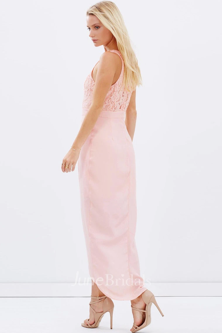 High-Low Lace Scoop Neck Sleeveless Chiffon Bridesmaid Dress