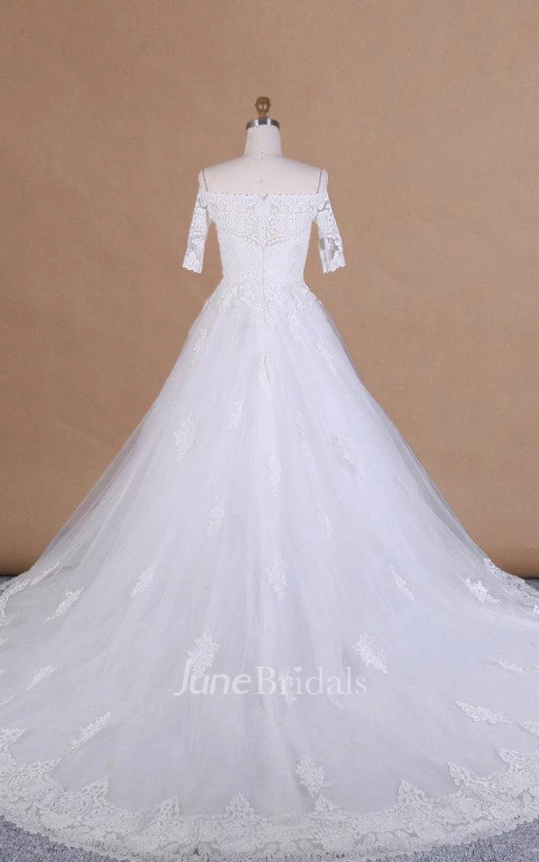 Ball Gown Short Off-The-Shoulder Lace Satin Dress With Appliques