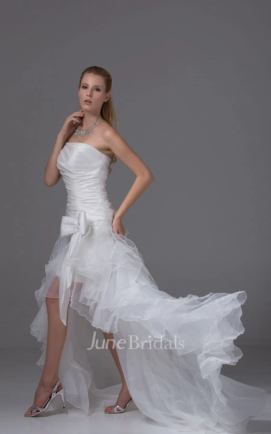 Strapless High-Low Organza Dress With Bow and Ruching