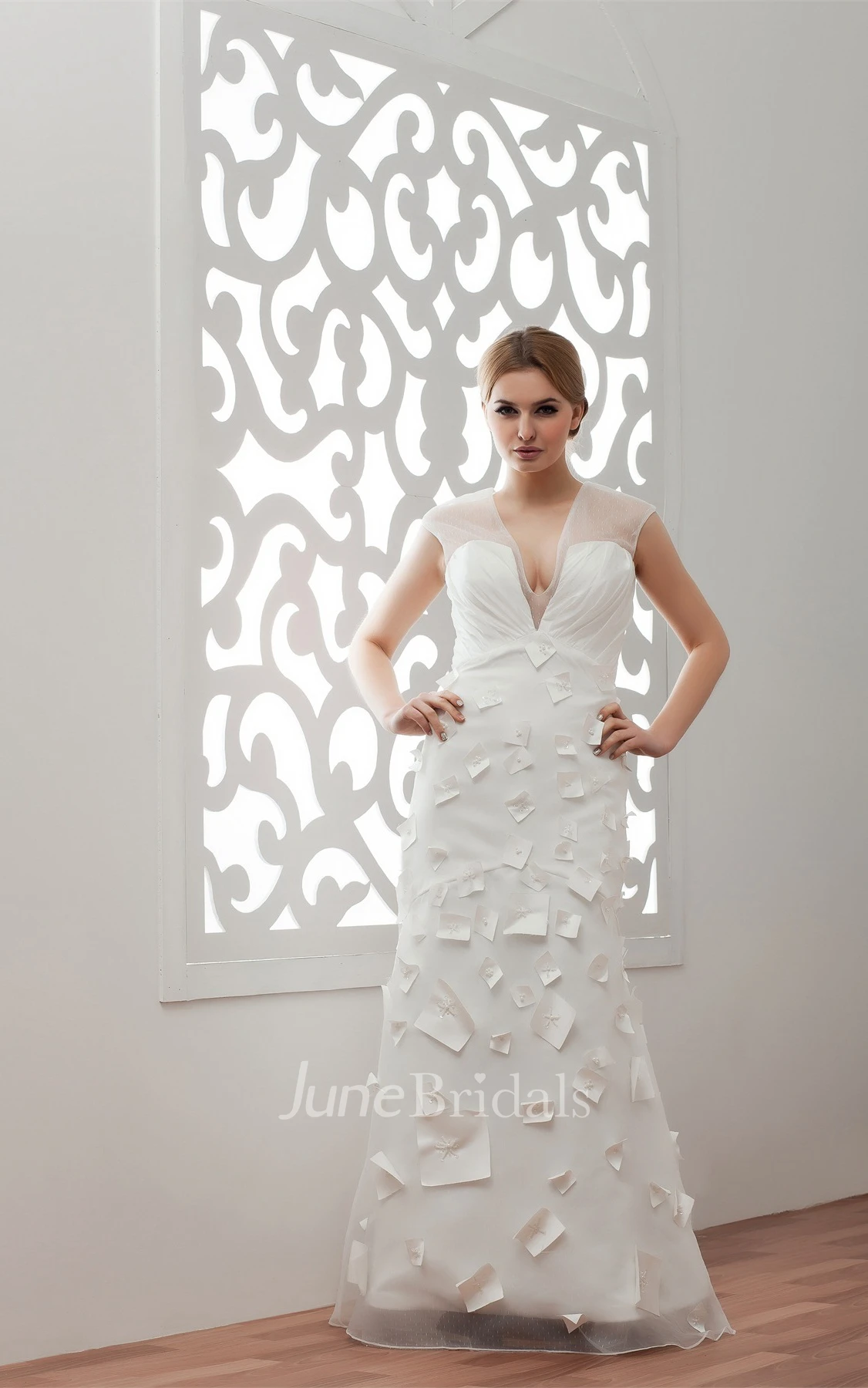 Plunged Illusion Floor-Length Dress with Ruching and Flower