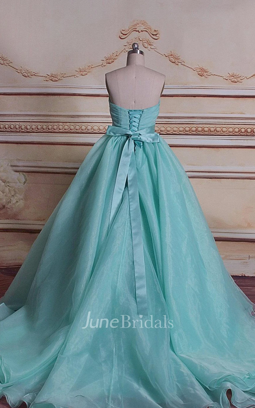 Ball Gown Strapped Sweetheart Lace Organza Satin Dress With Beading Corset Back